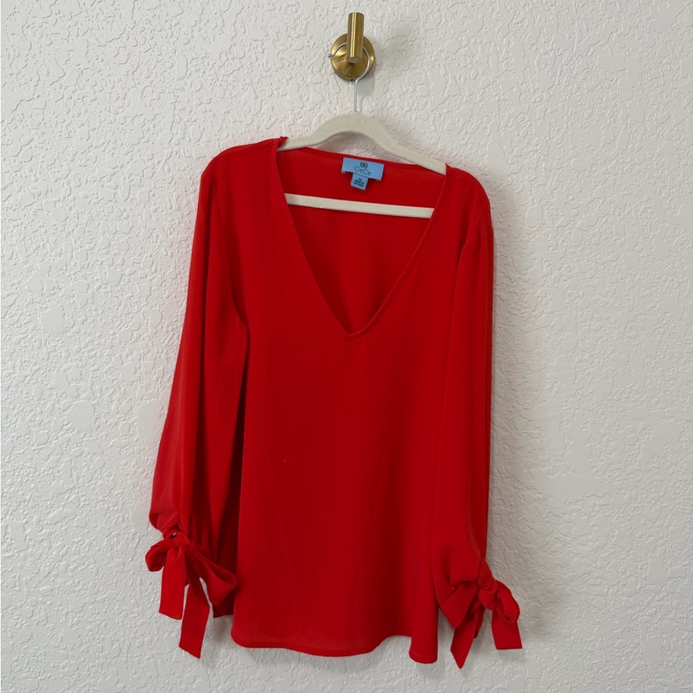 CeCe Red V-Neck Blouse with Tie Sleeves